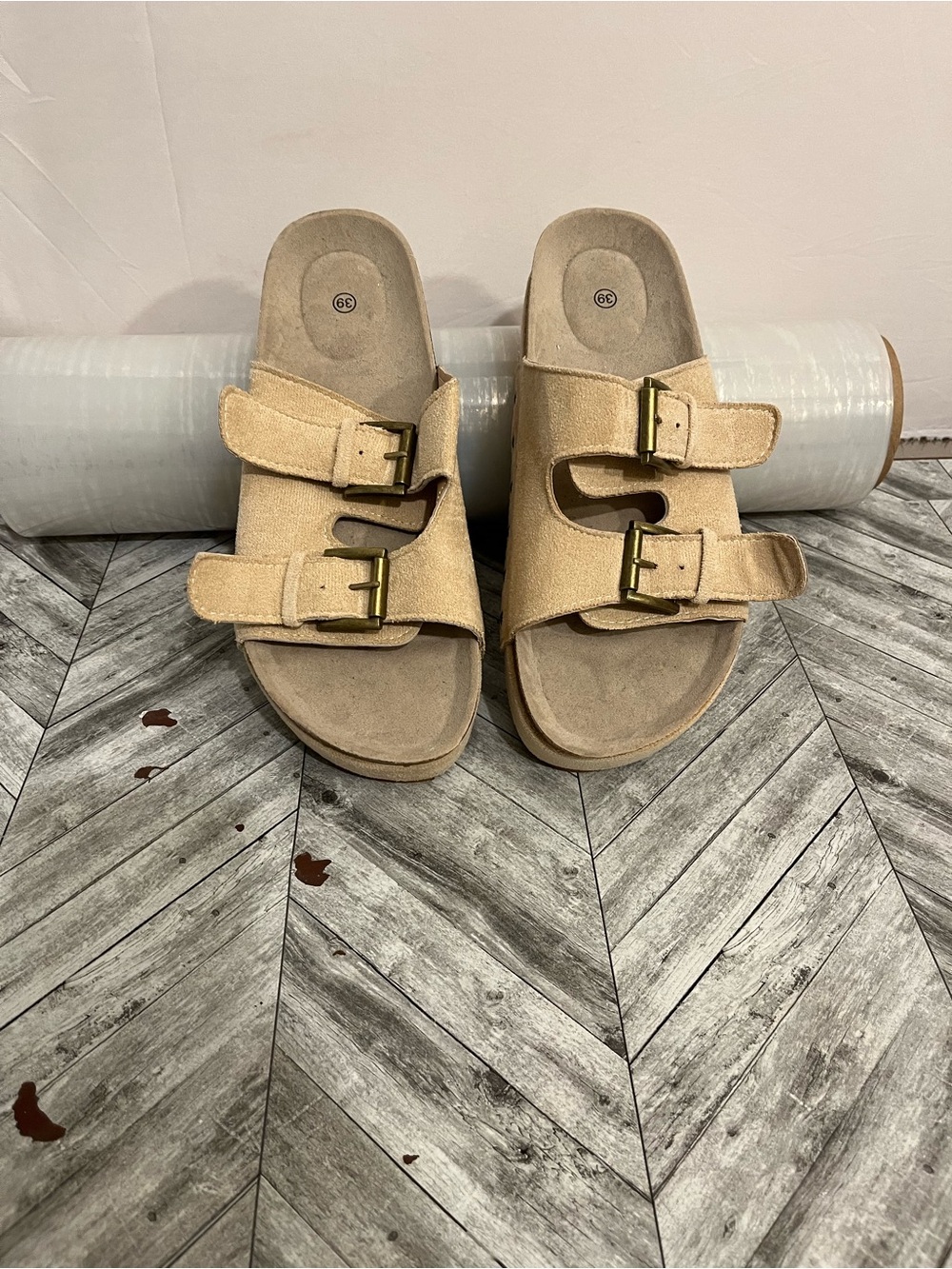 Neutral Suede Double-Buckle Women’s Slide Sandals